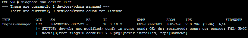 FortiManager - CLI command diagnose dvm device list