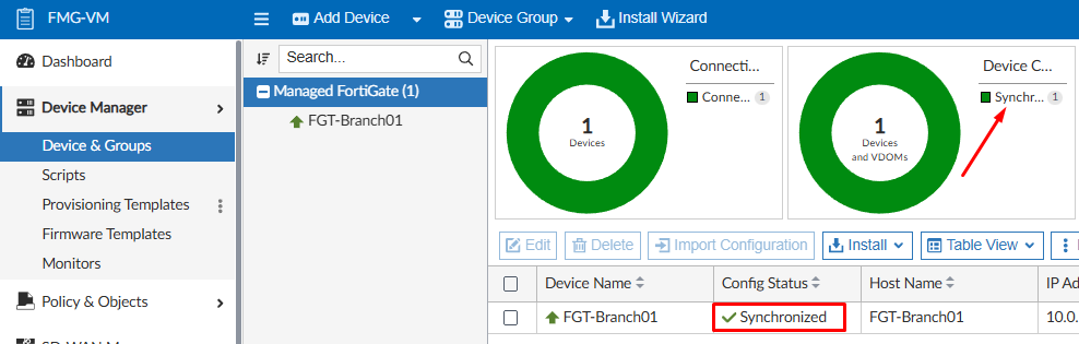 Config status Synchronized on FortiManager