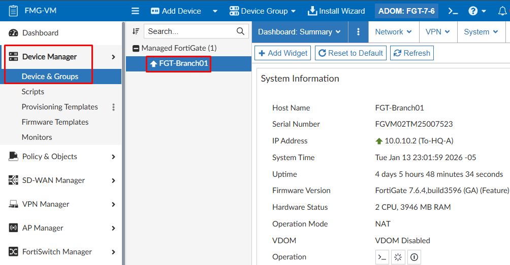 Device Database dashboard summary on FortiManager