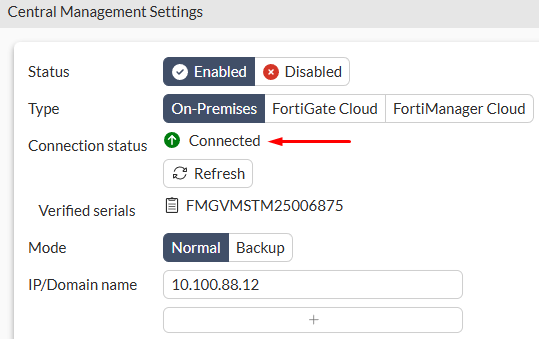 Central Management FortiManager connected on FortiGate