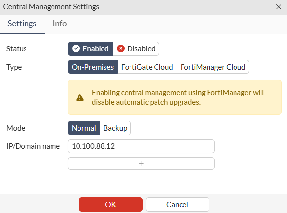 Configure central management settings on FortiGate