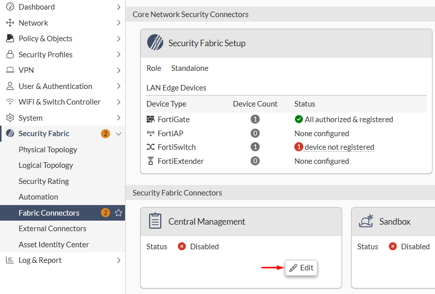 Edit central management fabric connector on FortiGate