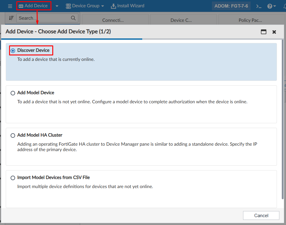 Add device wizard discover device on FortiManager