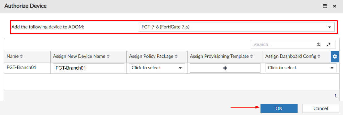 Select ADOM for authorizing device on FortiManager