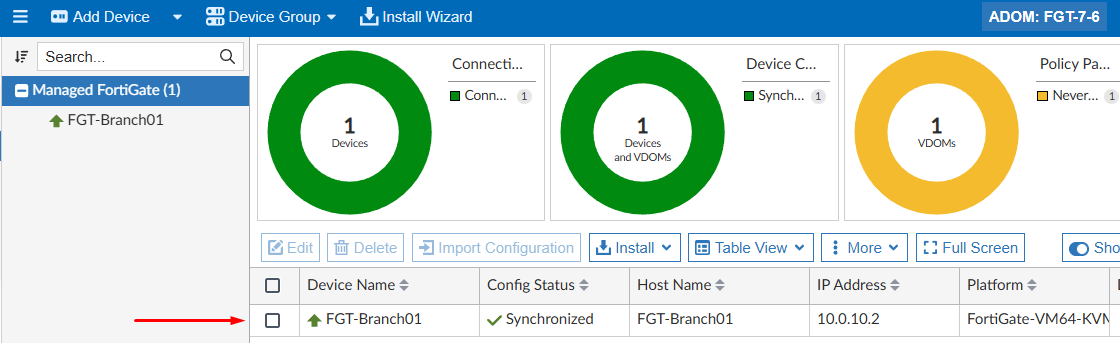 Device managed using registration Method 1 on FortiManager