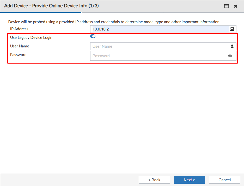 Device managed using legacy registration Method 1 on FortiManager