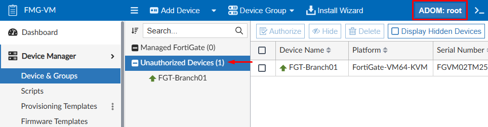 Unauthorized devices on ADOM root on FortiManager